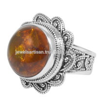 Amber Natural Gemstone With Sterling Silver Floral Designer Ring for Party Wear Jewellery